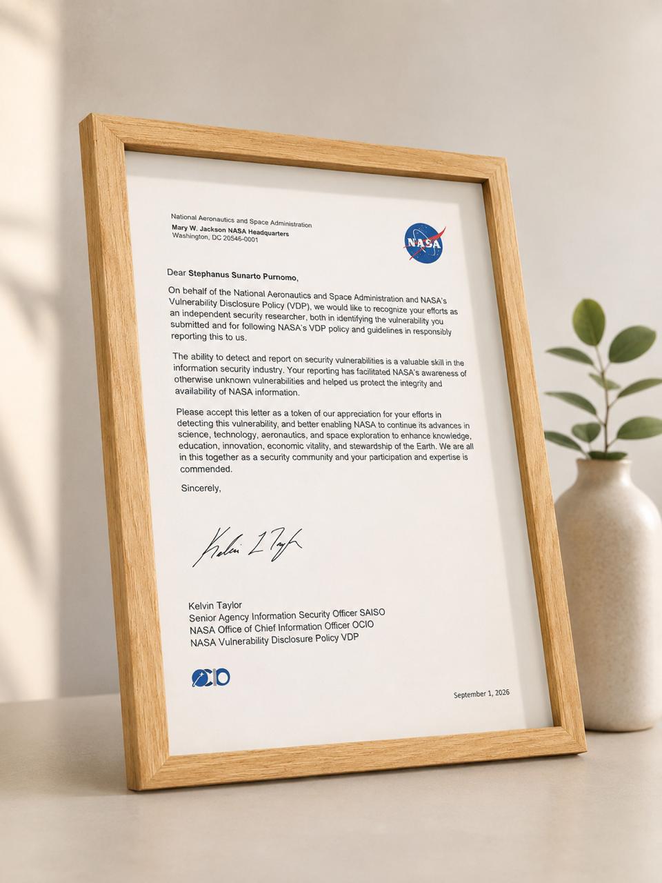 NASA Letter of Recognition — 5,000+ Credential Exposure